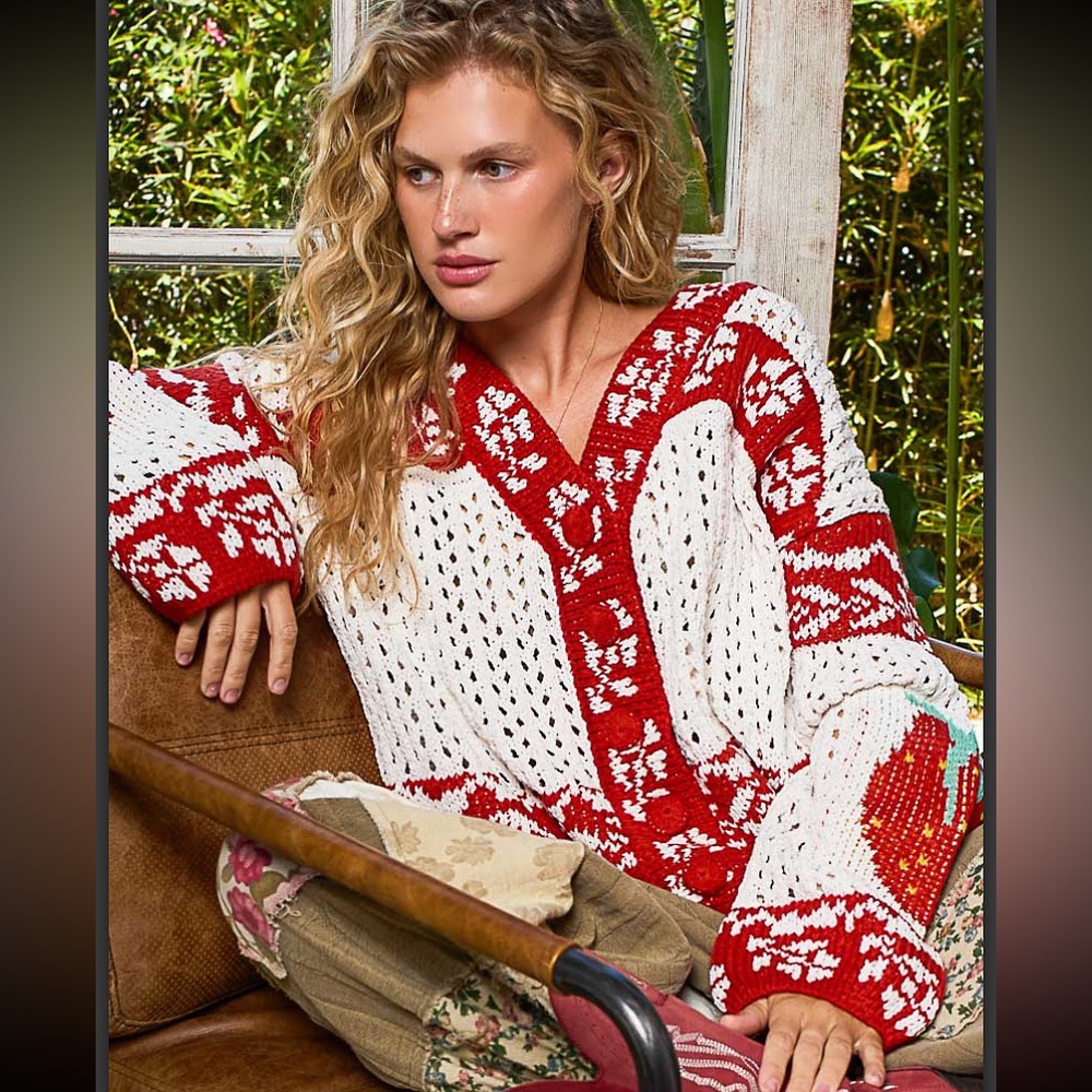 POL Red and White Strawberry Print Knit Sweater